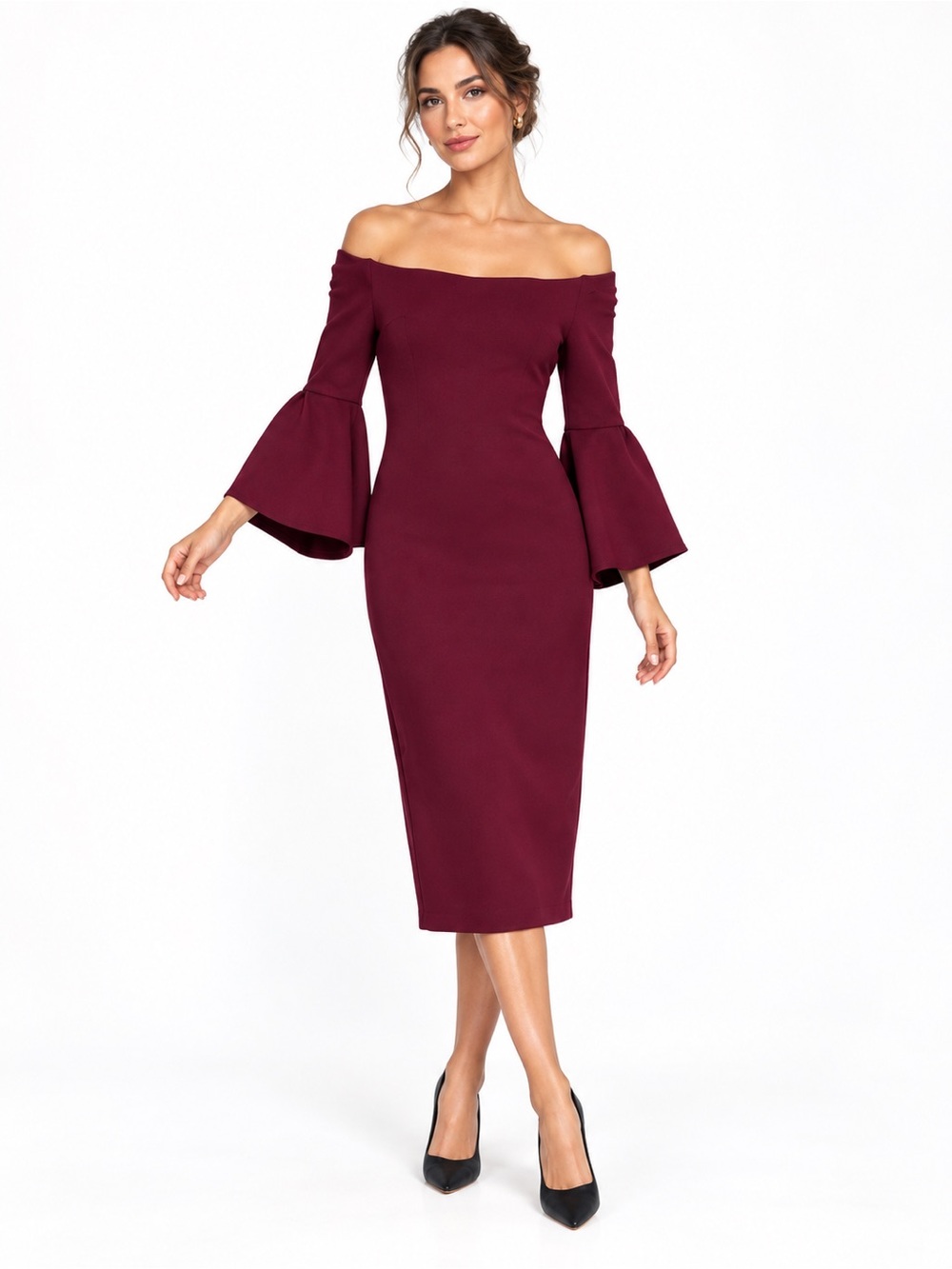 RACHEL Rachel Roy Burgundy Romantic Off The Shoulder Bell Sleeve Dress Size 1X